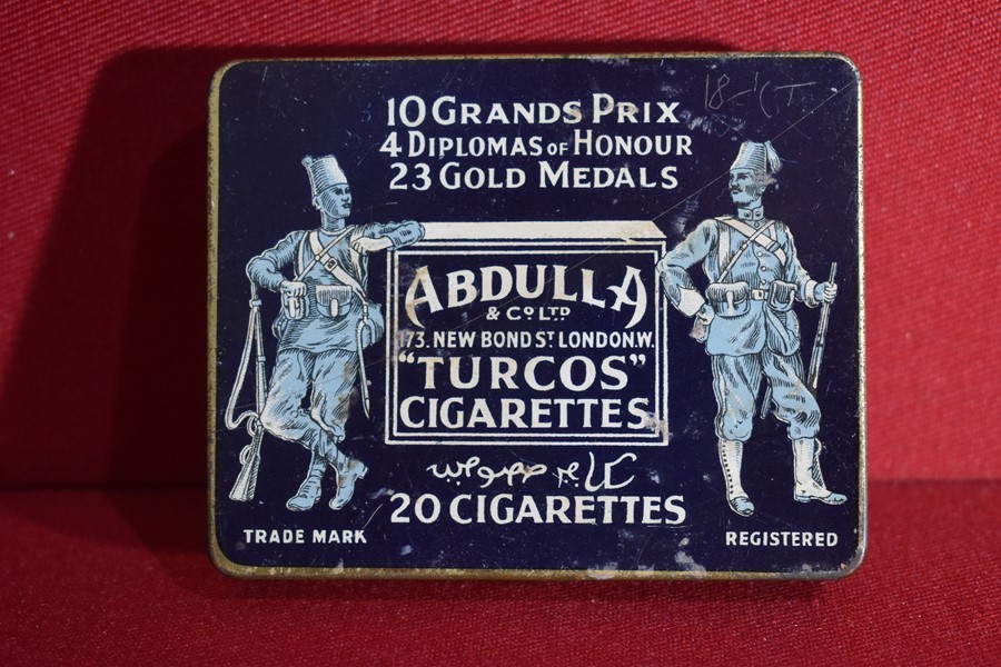 MILITARY THEME CIGARETTE TIN "ABDULLA TURCOS CIGARETTES"-SOLD